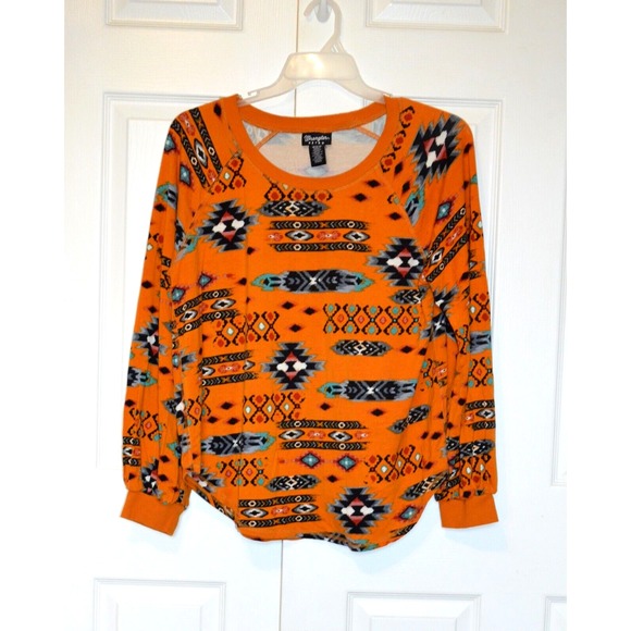 Wrangler Retro Top Shirt Womens Medium Pullover Yellow with Aztec Print - Picture 2 of 13